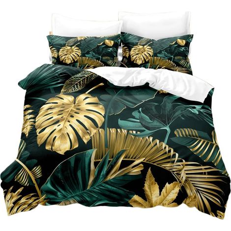 Housse de couette 240x260cm avec 2 taies d'oreiller, motif tropical Monstera, feuilles de palmier, or et noir, parure de lit B-Heiller (housse de couette 220x240, taie d'oreiller 50x75x2). (1/4)