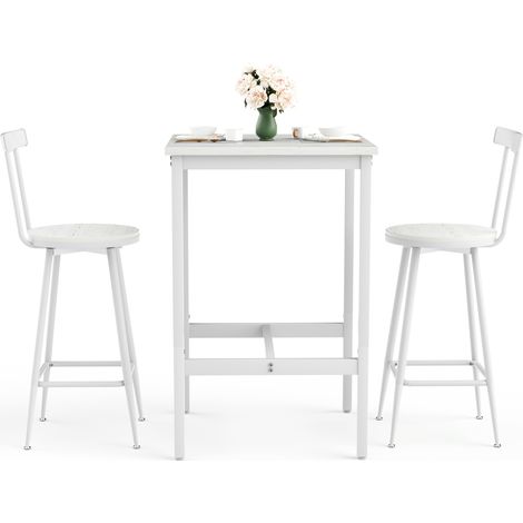 ELVMI Set Tavolo e Sedie da Bar con 1 Tavolo e 2 Sgabelli con Schienale, Acciaio e Pannello Truciolare, Bianco (1/5)