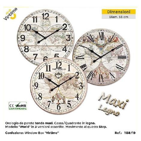 1 Pezzo Orologio da Parete in Legno Tondo Maxi 58 cm 3 Decori (1/2)