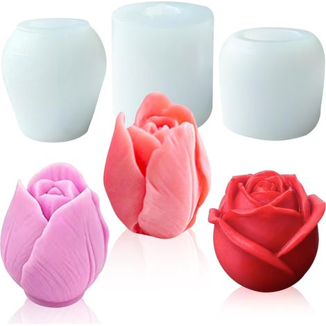Moule bougie silicone forme de Tulipe 3D moules fleurs bougies Rose Moule Silicone Fleur Lot de 3 pour la fabrication de bougies, la décoration de gâteaux fondants Savons,Décoration Maison (1/5)