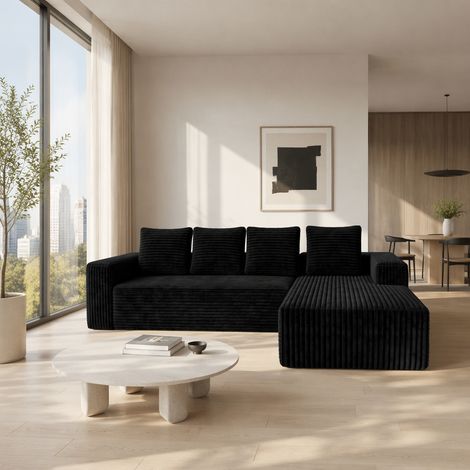 DESMIU Canapé d'angle réversible modulaire avec chaise, assise profonde, en velours côtelé Noir (1/5)