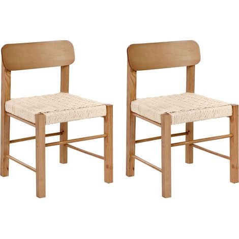Set of 2 Dining Chairs Brown Rubberwood Paper Rope Woven Seat Boho Style Kitchen Dining Room ALLOS