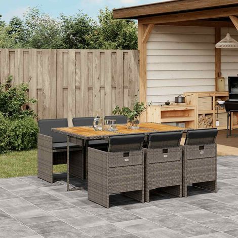 Ensemble repas jardin 7 pièces en résine tressée gris, table acacia, 6 chaises et coussins - PANGIVO (1/5)