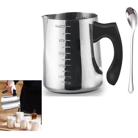 Brocca per montare il latte in acciaio inox da 1000 ml, brocca per versare candele in acciaio inox, pentolino per sciogliere candele in acciaio inox, scaldacandele con cucchiaio per sciogliere il cioc (1/5)