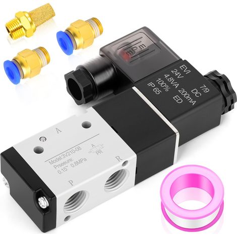 3-Wege-Magnetventil mit 2 Positionen, 1/4" BSP, 24 V, Gehäuse aus Aluminium und Messing, Druckluftregelung, industrietauglich (1/5)