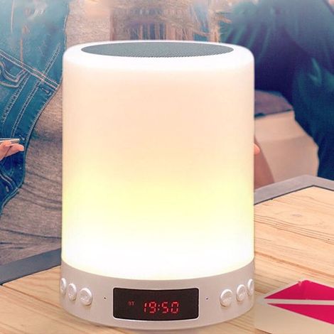 Enceintes sans fil/intelligentes pour la maison, lampe de bureau intelligente 3 en 1 avec fonction son et réveil, son Bluetooth, éclairage coloré et luminosité réglable.