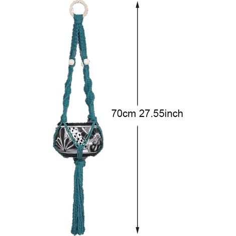 (Vert 70 cm) Porte-plantes bohème coloré en macramé, tissé à la main en 100 % coton, pour pots de fleurs, bonsaïs et décoration intérieure. (1/4)