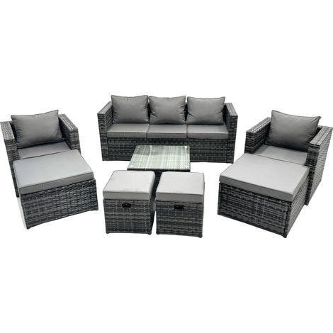 Fimous Outdoor Rattan Garden Furniture Set 9 Seater Patio Lounge Sofa Set with Armchair Square Coffee Table 4 Footstool Dark Grey Mixed (1/5)