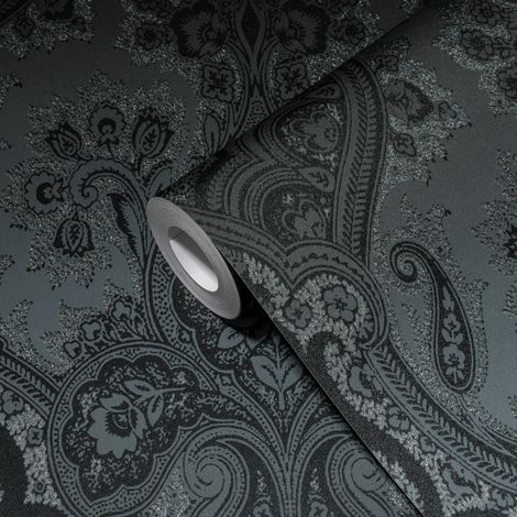 A.S. Creations – Papier peint baroque noir effet brillant – Papier peint damassé moderne – Motif orné pour bureau – Application facile sur murs