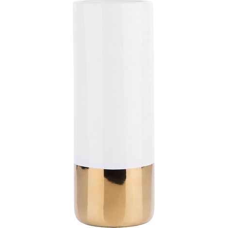Beliani – Vase décoratif cylindrique 36 cm en grès blanc et doré – Design moderne et glamour – Meuble attrayant pour intérieur (1/5)