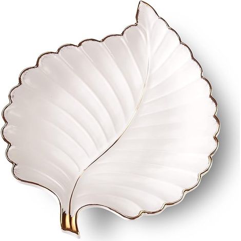 Plateaux à bijoux en céramique, vide-poches, porte-bagues, assiette à bonbons en céramique, assiette à goûter, plat en forme de feuille (blanc, moyen)