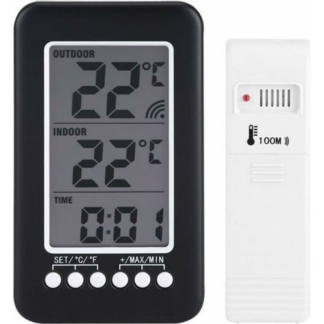 Thermomètre Intérieur Extérieur Sans Fil - Horloge Numérique LCD - Capteur Extérieur Inclus - Portée 100 m - Affichage Température et Heure - 1 Pièce (1/4)