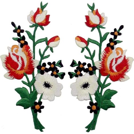 Ensemble de 2 bouquets de fleurs bohèmes, écussons brodés à repasser ou à coudre, emblème rose, rouge et blanc (1/4)