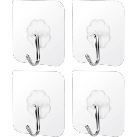 Lot de 4 crochets adhésifs transparents, crochets muraux solides sans perçage, crochets en PVC épais épais auto-adhésifs pour porte-serviettes cuisine salle de bain salon (6 x 6 cm) (1/5)