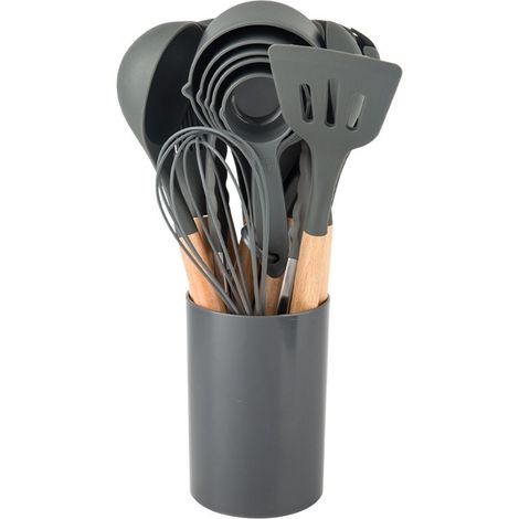 Juego de 33 piezas de utensilios de cocina de silicona antiadherente gris con mangos de madera y soporte para almacenamiento.