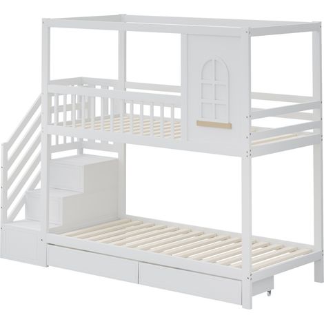 Kinderetagenbett 90x200 cm aus Holz mit Stauraumtreppe und Schubladen, weiß (1/5)