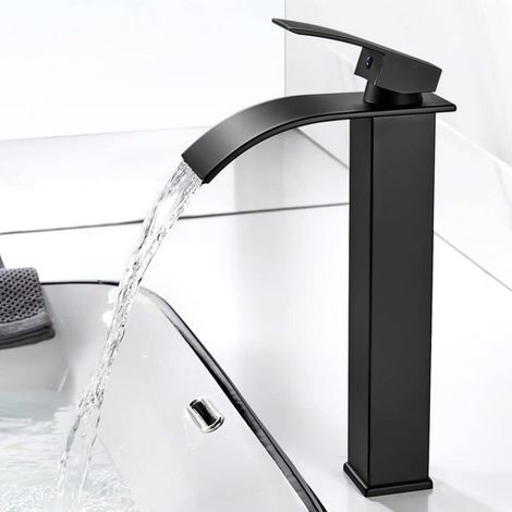 Robinet lavabo cascade noir mat EXARFLY – mitigeur 1 trou hauteur 237 mm G3/8, sans plomb (1/5)