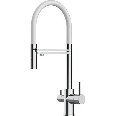 Rubinetto 3 vie miscelatore cucina cromato con canale separato per acqua filtrata, canna bianca movibile e doccia due getti staccabile (1/5)