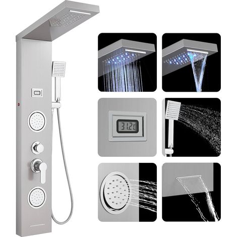 Colonne Panneau de Douche Hydromassante LED avec Robinetterie et Affichage, 5 Modes - Douche de Cascade, Pluie, Douchette, Jets de Massage, Bec de Baignoire, Brossé Acier Inox, Montage Mural (1/5)