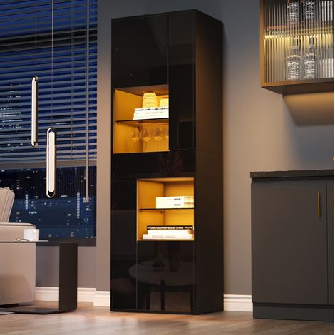 Vitrine haute 55x38x170 cm en panneaux de bois noir, avec rangement pour salon FloraGrace (1/5)