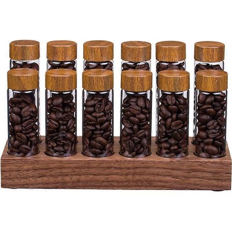 Présentoir à grains de café polyvalent avec 12 tubes en verre, idéal pour maison ou café, rangement décoratif et pratique. (1/4)