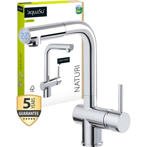 'aquaSu® Spültischarmatur Naturi mit Wasserspar-Kartusche, Kosten-sparende Kaltwassermittelstellung, Display mit Temperaturanzeige, Keramikkartusche, Schaftbefestigung, Messingkern, verchromt, 799041 (1/5)