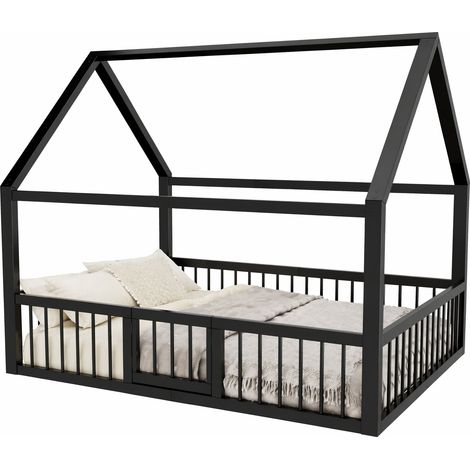 Lit cabane métallique 140 x 200 cm noir avec toit, barrières de sécurité et portes, cadre robuste pour enfant, sans matelas CHICFURN (1/5)