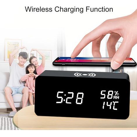 Digitaler Wecker aus Holz mit LED-Tonsteuerung, kabelloser Ladestation, Temperatur- und Feuchtigkeitsanzeige sowie einstellbarer Helligkeit für den Einsatz im Schlafzimmer und Homeoffice (schwarz).