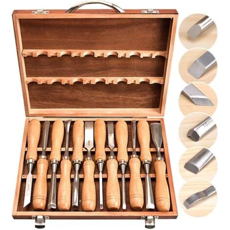 Lot de 12 ciseaux à main pour sculpture sur bois – Acier au carbone trempé – Poignée ergonomique – Boîte de rangement en bois