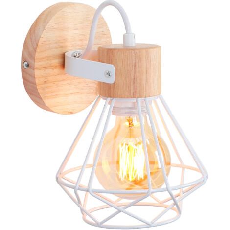royaluxe- Applique Murale En Métal Applique Murale Rétro Applique En Bois Applique D'Intérieur Blanc E27 Applique Moderne Lampe Murale Cage En Diamant (1/5)