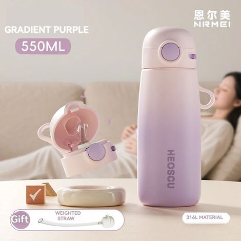 (Violet, 550 ml) Thermos en acier inoxydable à double paroi, sain et écologique, avec paille et poignée, convient aux mères et aux bébés. (1/5)