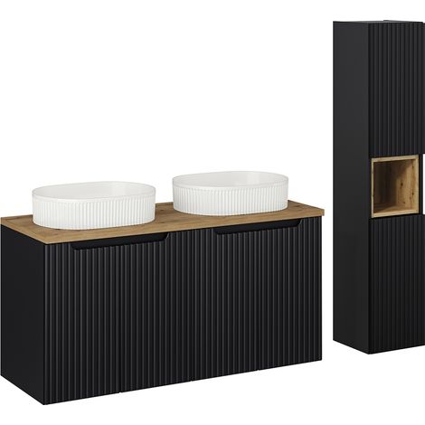 Doppelwaschtisch und Hängesäule 120cm Riva, Schwarz und Holzoptik