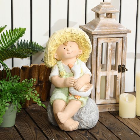 Petit avec chapeau de paille 43 cm statue de jardin, ornement extérieur, décoration de jardin, sculpture pour jardin et patio (1/5)