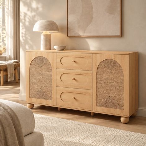 Credenza con porte in corda intrecciata, 2 porte e 3 cassetti, 140 x 40 x 80 cm, naturale OKMYHOME (1/5)