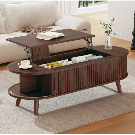 120 x 50 x 39.5 cm anhebbarer Couchtisch, kann auf 53.5 cm angehoben werden, kaffeetisch mit verstecktem Stauraum,Beistelltisch mit 5 Ablageflächen, Wohnzimmertisch, Sofatisch, Nussbaum (1/5)
