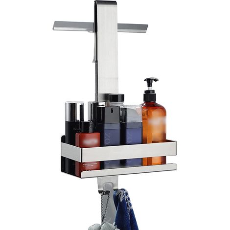 Étagère de douche suspendue à un niveau avec porte-savon intégré, en acier inoxydable 304, sans cadre ni perçage, pour shampoing et gel douche. (1/5)