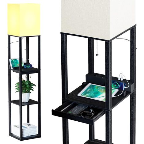 Solid Living Room Floor Lamp with 3 Colour Temperatures, 2 USB Charging Ports and 1 Drawer, Wooden Shelves for Bedroom and Living Room, Black (Bulb Included) (1/5)