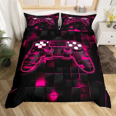 Game Housse de Couette Fille 200x200 cm avec 2 Taies d'oreiller, Parure de Lit Enfant Garcon Gaming Sets de Housses de Couettes Gamer Néon Couvre Lit Carré Géométrique, Rose Antique - 200x200cm + 2 Ta (1/5)