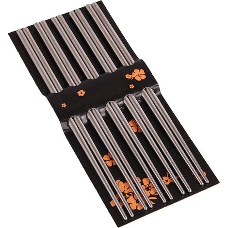 Lot de 5 paires de baguettes chinoises QttvbTna, acier inoxydable argenté, couverts réutilisables pour sushi et cuisine asiatique (1/5)