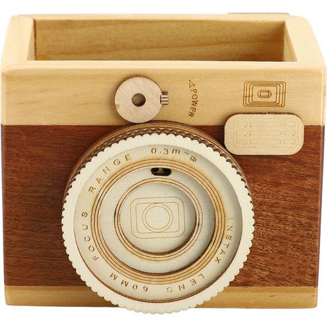 Porte-stylo en bois, style vintage unique, en forme d'appareil photo, pour bureau ou étude, à un seul emplacement. (1/5)