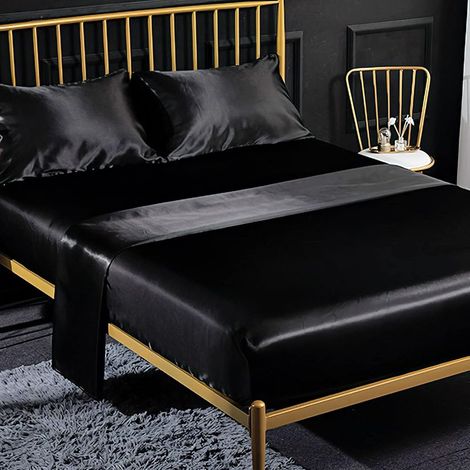 Ensemble 4 Pièces de Draps de Lit en Satin Couleur Unie 1 x Drap Housse 198203 cm 2 Personnes avec Grand Bonnet de 35 cm, 1 x Drap Plat et 2 x Taie d'oreiller, Noir (1/5)