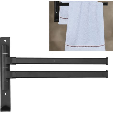 Mobiler Handtuchhalter mit 2 Stangen aus schwarzem Aluminium, kein Bohren erforderlich, mit drehbarer Ablage. (1/5)