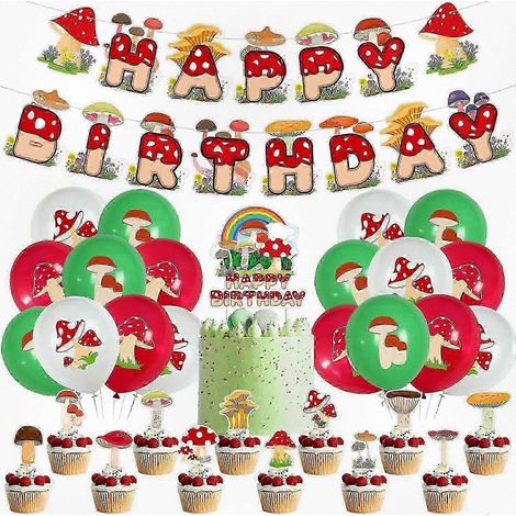 Articles indispensables pour une fête d'anniversaire sur le thème des champignons en 2025 : banderoles décoratives, figurines pour gâteaux, ballons pour enfants, idéal pour les baby showers et autres 