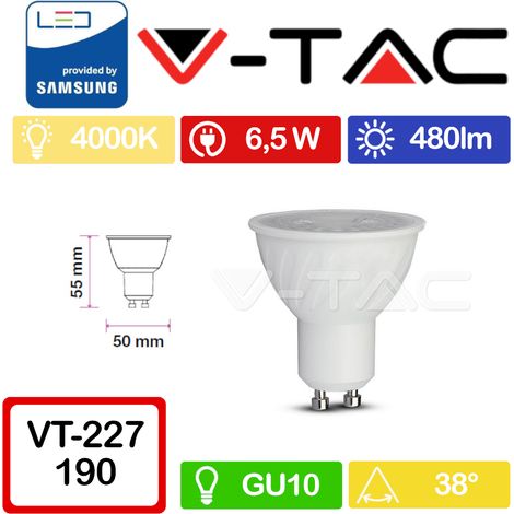 V-TAC PRO VT-227 Faretto LED GU10  con Chip Samsung 6,5W 38° Copertura trasparente Bianco naturale - 4000K