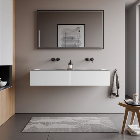BERNSTEIN - Meuble vasque suspendu MDF Blanc laqué, lavabos en Fonte Anthracite mat, 2 tiroirs poussoir & Soft-Close - 140x52x27cm - ARCTIC