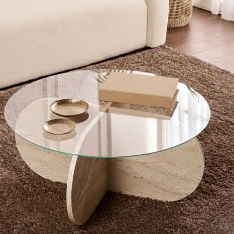 Cugnoli Couchtisch, rund, Glasplatte, transparente Ablage, 75x75x35h cm, Weiß Marmor (1/5)