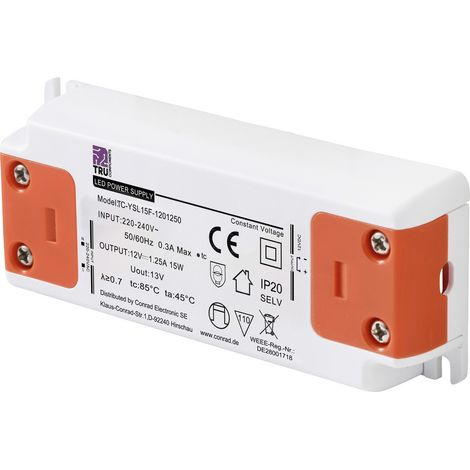 TRU COMPONENTS TC-YSL15F-1201250 LED-Trafo Konstantspannung 15 W 1.25 A 12 V/DC Möbelzulassung, Übe (1/5)