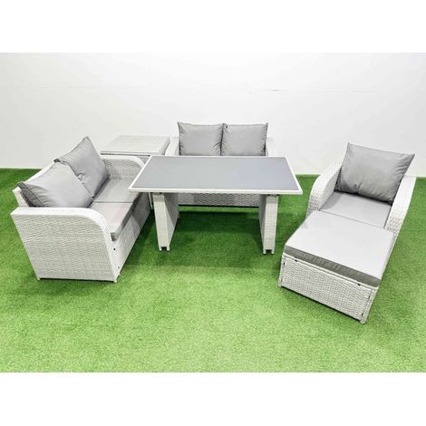 Fimous Rattan Sofa Outdoor Furniture with Dining Table,Side Table,Love Sofa,Big Stool Patio Furniture Light Grey 6 Seater (1/4)