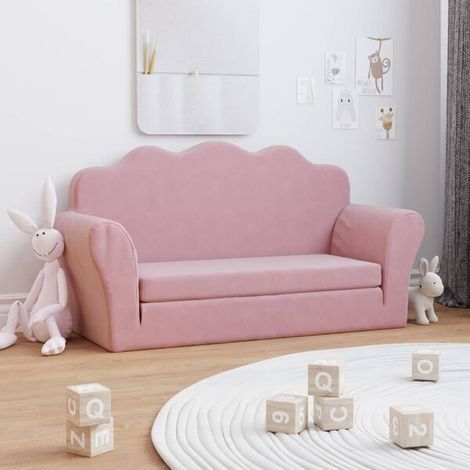 Canapé-lit Enfant 2 Places, Tissu Peluche Doux Rose (1/5)