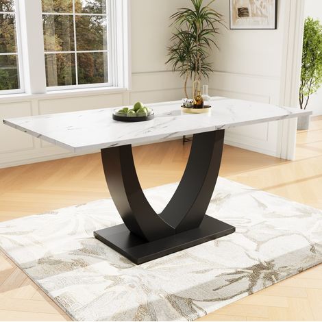 Table à manger rectangulaire MDF blanc effet marbre et métal noir 140x75x75,5 cm avec pieds réglables (1/5)